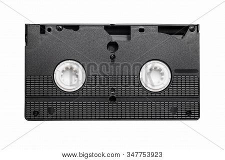 Black Vhs Tape Isolated On White. Outdated Technology Background. Old Times Analog Video Tape.
