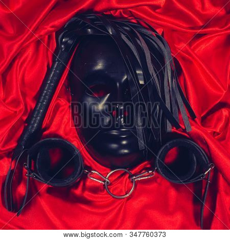 Bondage, Kinky Adult Sex Games, Kink And Bdsm Lifestyle Concept With A Mask, Pair Of Leather Handcuf
