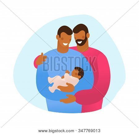 Lgbt Family Hugs Their Child. Male Gay Couple With A Son. A Simple Card About Several Generations, A
