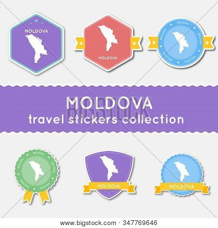 Moldova, Republic Of Travel Stickers Collection. Big Set Of Stickers With Country Map And Name. Flat