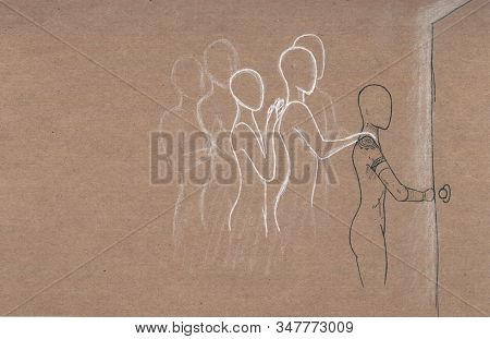 Esoteric And Magic Illustration Of A Human In Graphics. Family Behind And Support. Figure Black And 