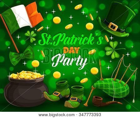Patricks Day Party And Holiday Attributes On Green. Vector Flag Of Ireland, Leprechauns Hat And Shoe