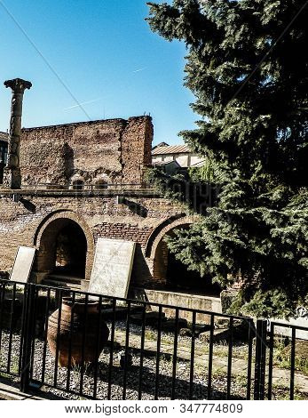 Ruins Of The Old Princely Court In Old Town, Bucharest. Architecture And Travel Concept.