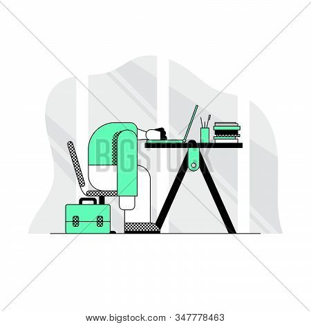 Professional Burnout. Worker Sits On A Chair Head At The Office Desk. Tired, Sad Sleeping Man At The