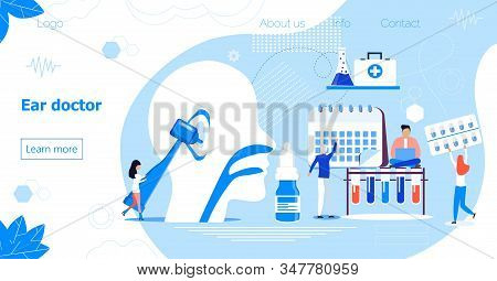 Ear Doctor Vector Web Template For Landing Page, Header. Tiny Doctors Treat And Exemine Patient Ear,