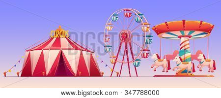 Amusement Carnival Park With Circus Tent And Attractions Ferris Wheel And Carousel With Horses. Set 