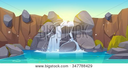 Waterfall Cartoon Illustration. River Stream Flowing Throw Rocks To Mountain Lake. Landscape Of Casc