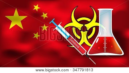 Epidemic Danger In China Vector Conceptual Medical Illustration - Biohazard Sign With Syringe And Gl