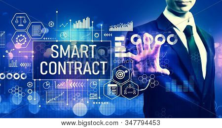 Smart Contract Concept With Businessman On Blurred Blue Light Background