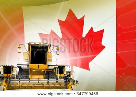 Digital Industrial 3d Illustration Of Yellow Modern Rye Combine Harvesters On Canada Flag, Farming E