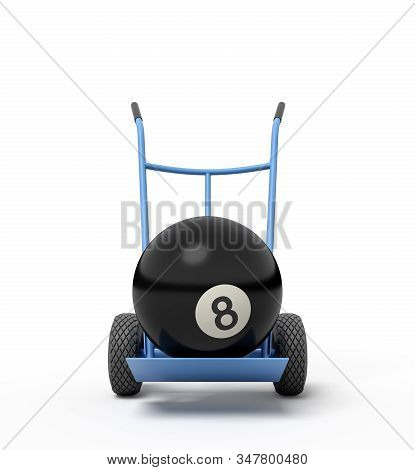 3d Close-up Rendering Of Black Bowling Ball On Blue Hand Truck.