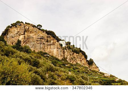 View To Villa Cimbrone, Ravello From Atrani, Amalfi Coast, Italy On Natural Background. Selective So