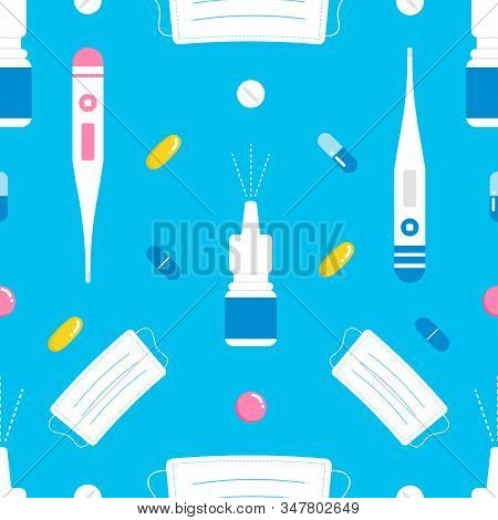 Medical Vector Seamless Pattern Background With Pills, Nasal Spray, Thermometers And Procedure Masks