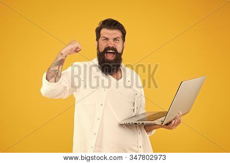 Dealt With This Problem. Bearded Man Laptop Yellow Background. Shopping Online. Successful Developer