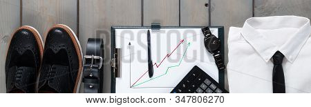 Banner Of Businessman, Work Outfit On Grey Wooden Background.