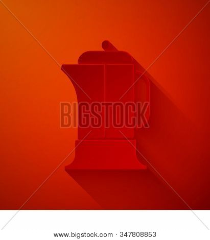 Paper Cut French Press Icon Isolated On Red Background. Paper Art Style. Vector Illustration