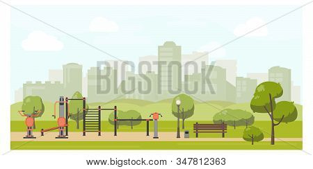 Urban Park Landscape Flat Illustration With Street Workout Zone. Sport Playground, Outdoor Gym Equip