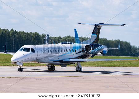 July 2, 2019, Moscow, Russia. Airplane Embraer Erj-135 Avcon Jet At Vnukovo Airport In Moscow.