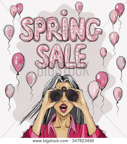 Spring Sale Elegant Glossy Flying Balloons Lettering. Surprised Woman With Binoculars With Open Mout