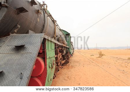 Steam Locomotive And Train Wagons At Hejaz Railway Station Near Wadi Rum, Jordan
