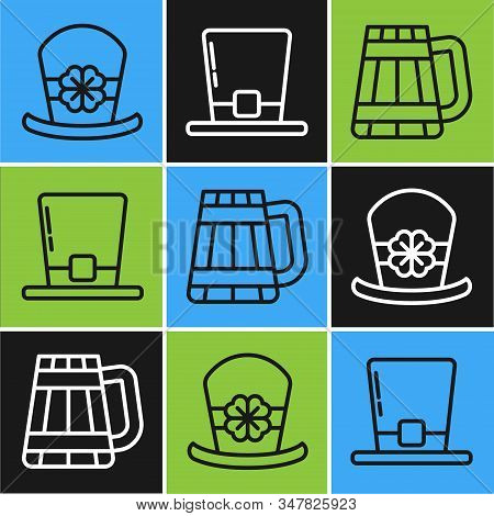 Set Line Leprechaun Hat And Four Leaf Clover, Wooden Beer Mug And Leprechaun Hat Icon. Vector