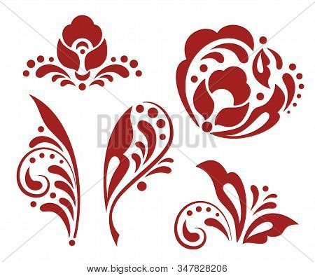 Floral Design Elements In Russian Traditional Folk Style. Monochrome Hohloma Decor Elements. Ethnic 
