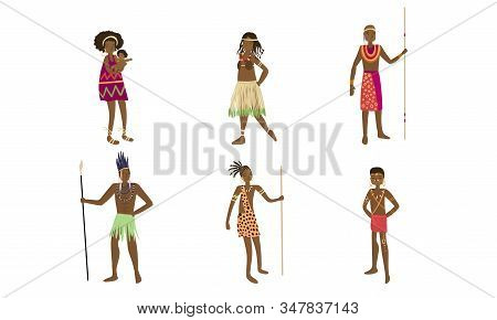 Men And Women Papuan People In Traditional Costumes Vector Illustration