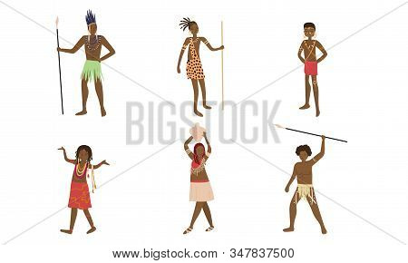 Men And Women Papuan In Traditional Costumes Vector Illustration