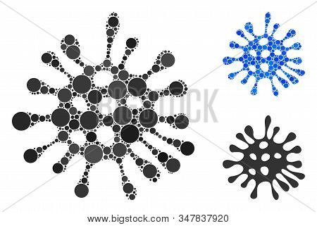 Microbe Mosaic Of Round Dots In Variable Sizes And Color Tints, Based On Microbe Icon. Vector Round 