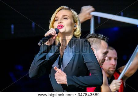 Moscow, Russia - April 23, 2018: Famous Russian singer Polina Gagarina sings in front of participants in the business forum