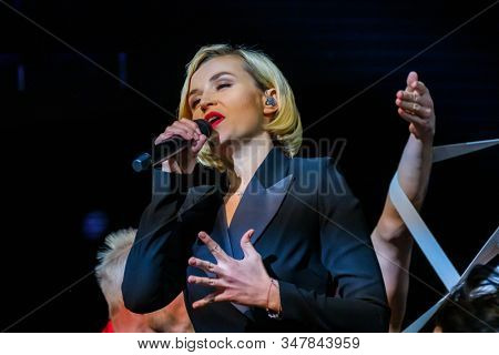 Moscow, Russia - April 23, 2018: Famous Russian singer Polina Gagarina sings in front of participants in the business forum
