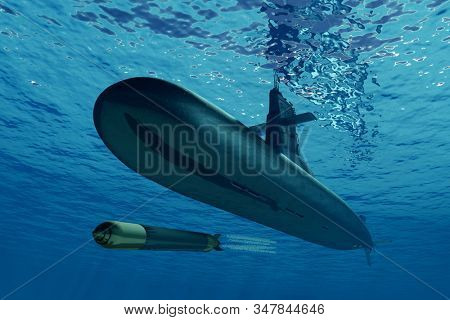 A submarine and a torpedo in the sea .3d render