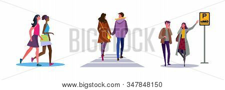 Set Of Friends And Couples Going Out To Downtown. Flat Vector Illustrations Of People Ordering Taxi 