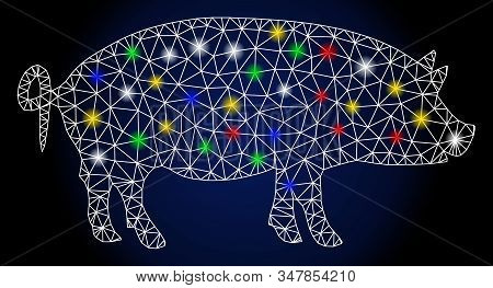 Glowing Mesh Swine With Glitter Effect. Abstract Illuminated Model Of Swine. Shiny Wire Carcass Poly