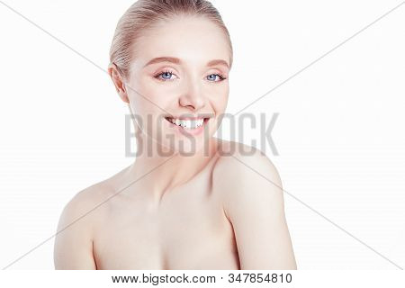 Portrait Of Beautiful Woman With Natural Make Up On White Background