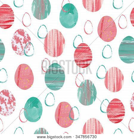 Unusual Easter Eggs. Seamless Pattern. In Mixed Media Collage On Paper. Green, Red Elements. For Pri
