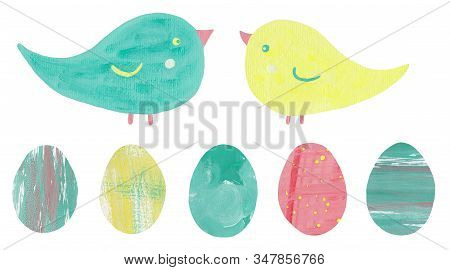 Easter Birds And Eggs. Cute Abstract Hand-drawn Clip-art. In Mixed Media Collage On Paper. Yellow, G