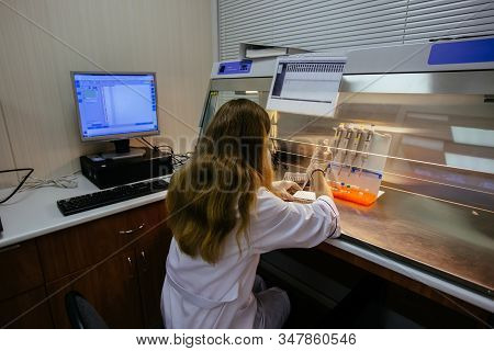 Scientist Work In Laminar Box. She Puts Samples Of Dna Fragments For Electrophoresis