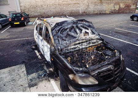 Strasbourg, France - Jan 1, 2020: Overhead View Of Burnt Car As Vandals In Strasbourg, France, Marke