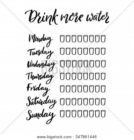 Simple Water Tracker With 8 Glasses Every Day Of Week. Black Handwritten Text, Printable Journal Pag