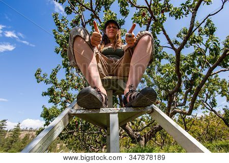 Low Angle View Of A Happy Caucasian Woman Resting On A Ladder And Giving A Thumbs Up Gesture, During