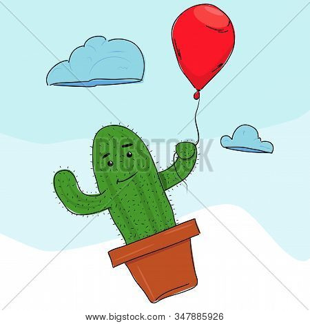 Cactus In A Flowerpot, Flying With A Red Balloon. Vector Cartoon Illustration.