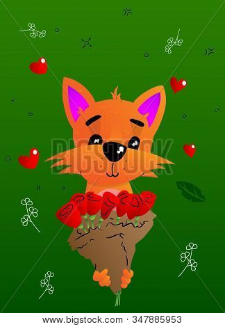 Cute Cat Holding A Bunch Of Flowers. Valentine's Day Card. Vector Cartoon Illustration.