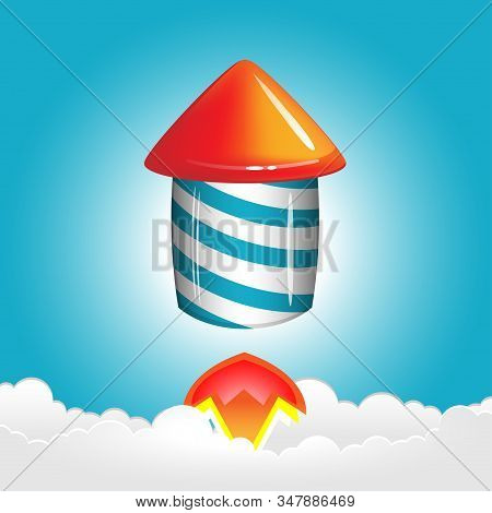 Rocket Flying Above Clouds. Flying Fireworks Rocket.