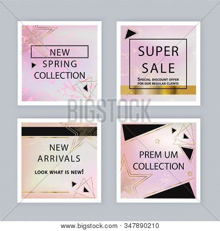 Pink Marble Banners With Pink Black Triangles. Business Modern Banner For 8 March, Wedding, Mothers 