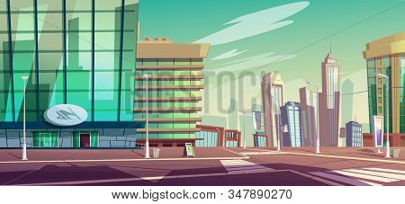 City Crossroad With Pedestrian Crosswalk And Street Lamps. Vector Cartoon Town Landscape With Buildi