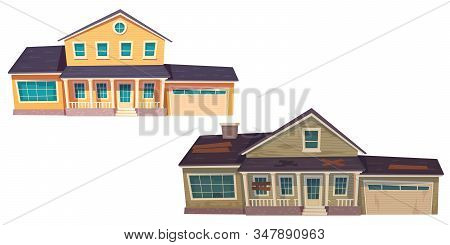 Old Broken Slum House And New Cottage. Abandoned Dilapidated Building With Boarded Up Windows And Mo