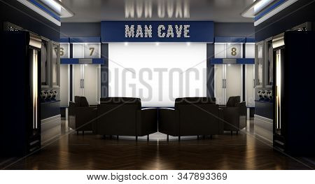 A Dramatically Lit Interior Of A Soccer Themed Man Cave With Sports Memorabilia, Lockers And Large T