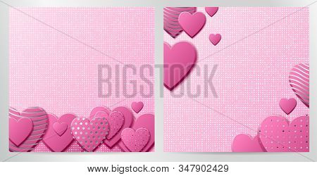 Valentines Day Background With Pink Hearts And Silver Pattern. Silver Luxury Cover On Roseate Backgr