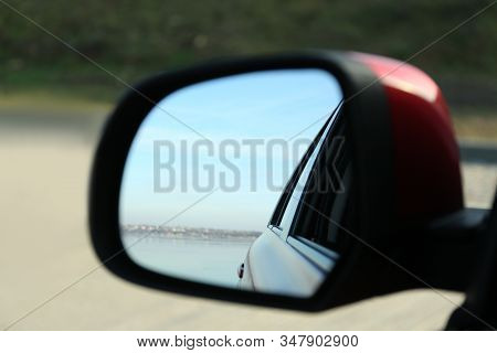 Side Rear View Mirror Of Modern Car Outdoors, Closeup